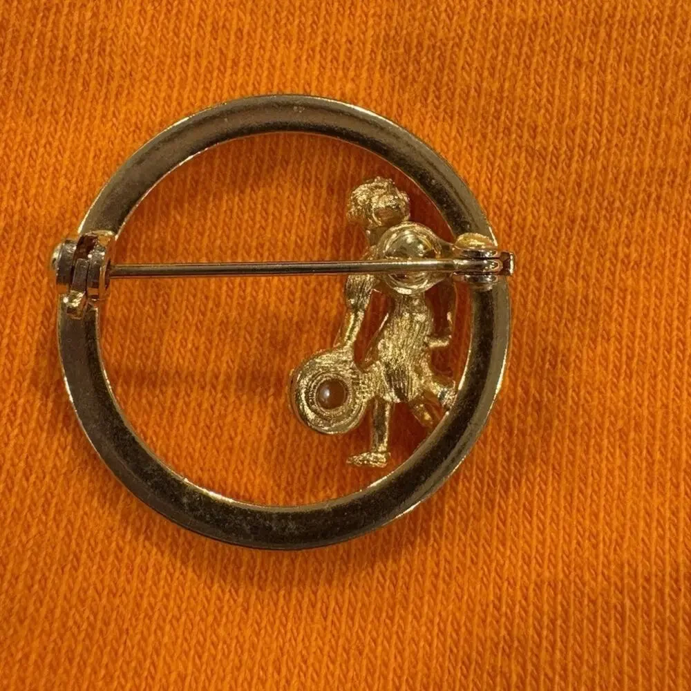 Vintage Bowling Brooch Goldtone Lady Bowler Faux Pearl Geometric Circle MCM